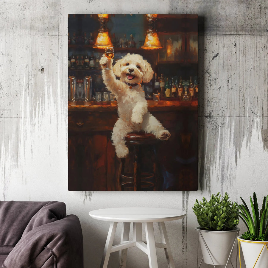 Dog In Bar Canvas Wall Art | Whimsical Toasting Poodle Portrait | Premium Gallery Wrapped Decor | Unique Animal Lover Gift Idea