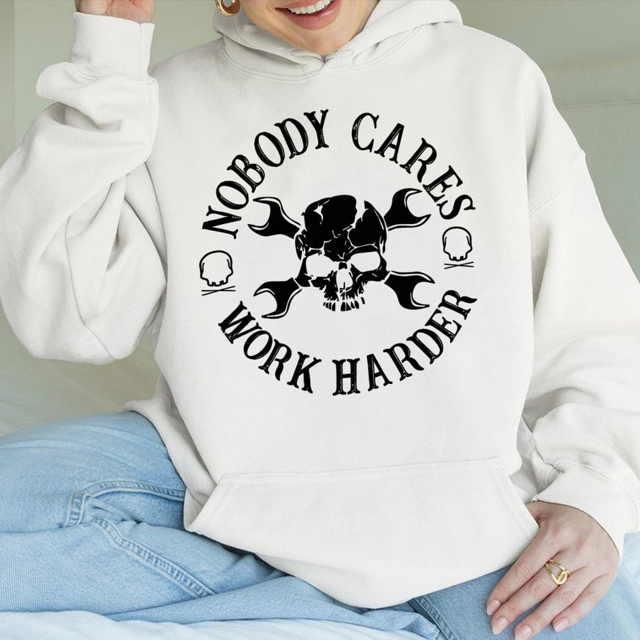Nobody Cares Work Harder Hoodie | Blue Collar Skull Wrench Graphic | Premium Cotton Blend | Gift For Mechanics And Tradesmen