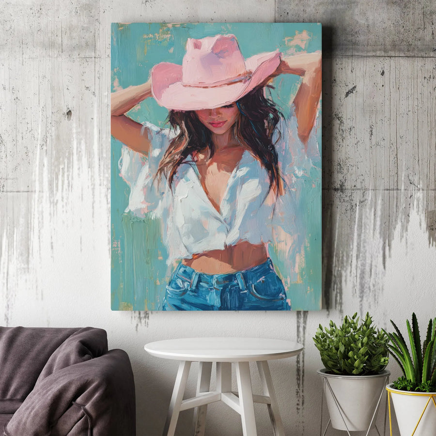Cowgirl Canvas Wall Art | Impressionist Woman in Pink Hat Painting | Premium Gallery Wrapped Print | Modern Boho Western Home Decor Gift