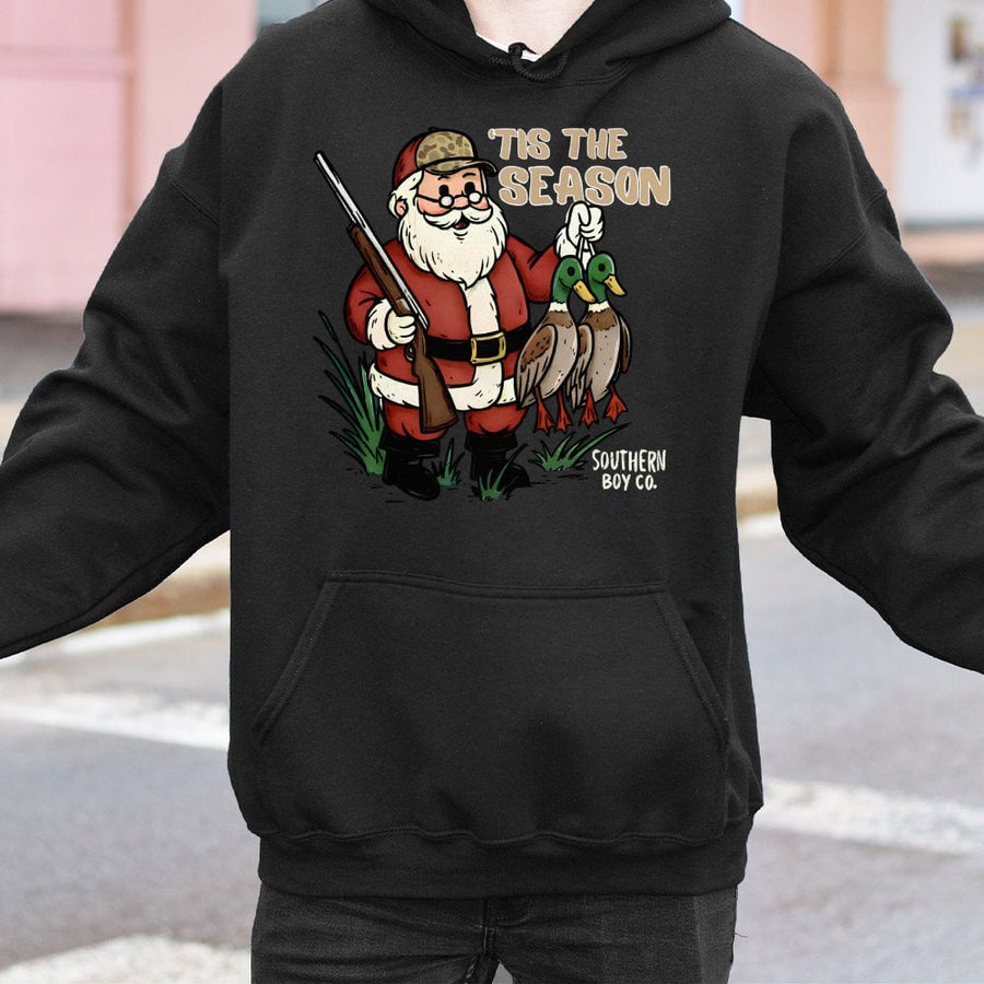 Tis The Season Duck Hunting Hoodie | Santa Claus with Shotgun Graphic | Premium Cotton Blend Unisex Sweatshirt | Funny Country Christmas Gift for Hunters