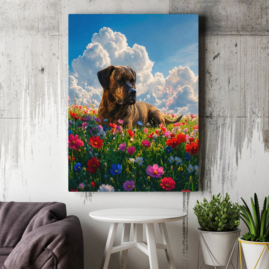 Brindle Dog in Wildflower Garden Vertical Canvas | Vibrant Summer Flower Meadow Pet Art | Premium 1.25 Inch Gallery Wrap | Memorial Gift for Dog Lovers & Home Decor