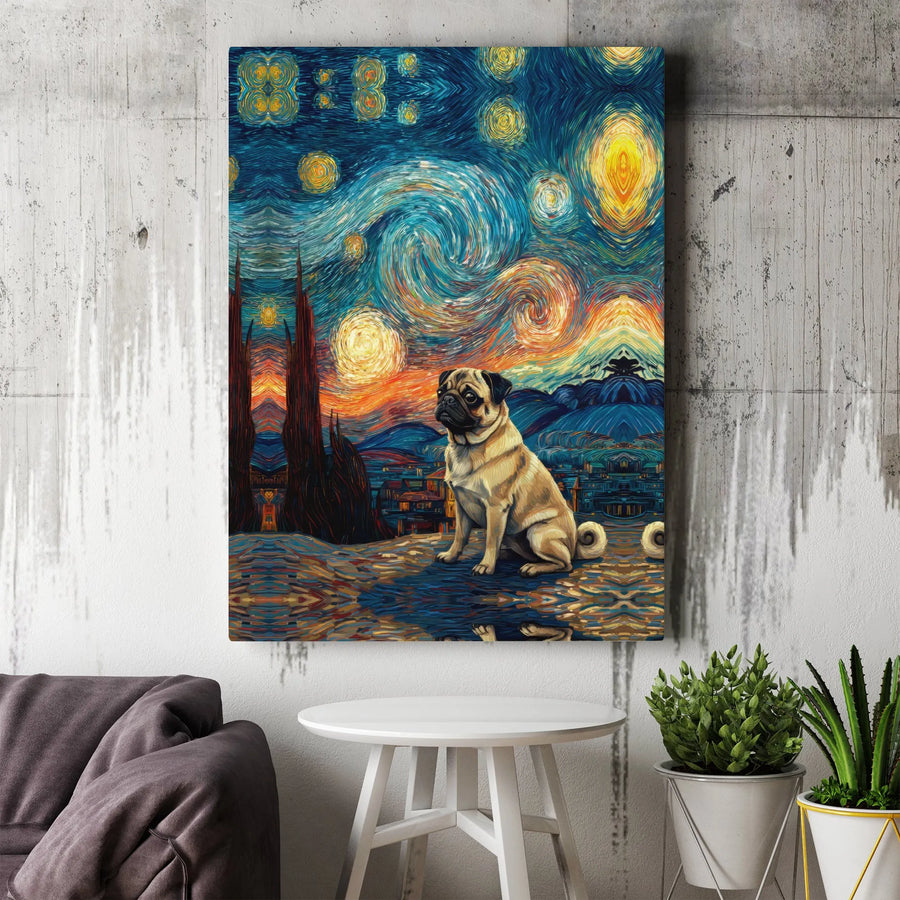 Pug Dog Wall Art | Starry Night Impressionist Style Canvas Print | Premium Gallery Wrap Decor | Unique Gift for Dog Lovers