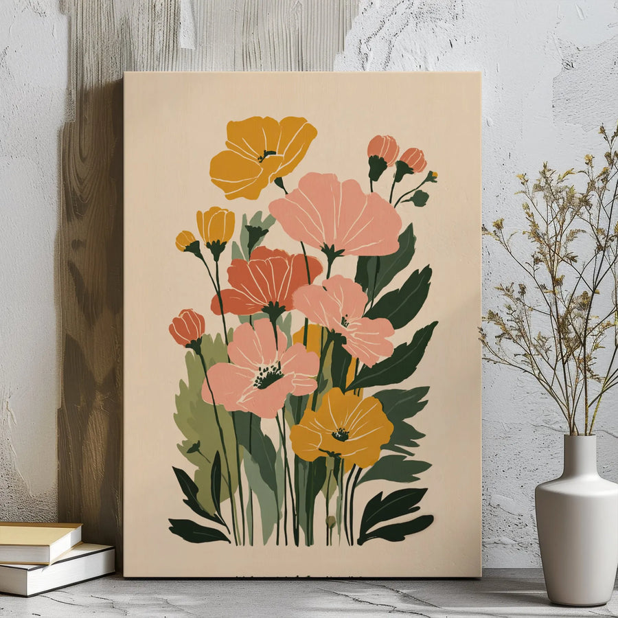 Botanical Floral Canvas Wall Art | Mid Century Modern Pink and Yellow Flower Print | Premium Gallery Wrap Decor | Aesthetic Gift for Home Office