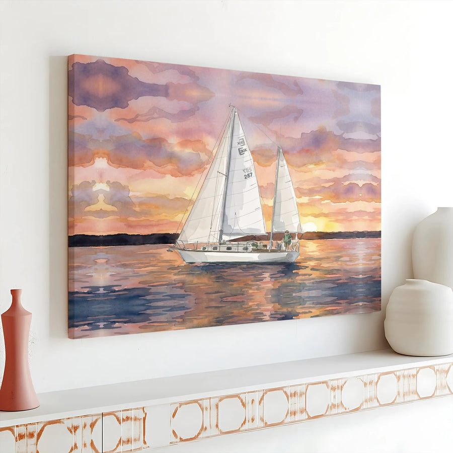 Sailboat at Sunset Canvas Wall Art | Watercolor Coastal Seascape Painting | Premium Gallery Wrapped Canvas | Beach House Decor Gift for Sailors