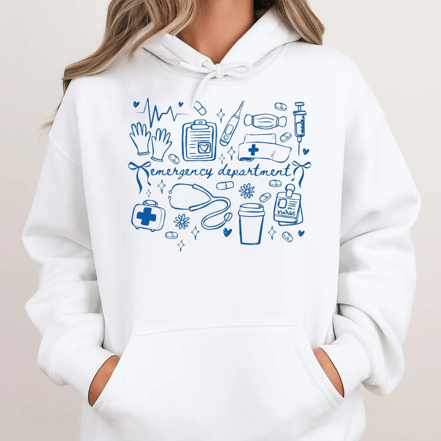 Emergency Department Hoodie | Cute Nursing School Doodle Graphic | Premium Cotton Blend | Gift for ER Nurse and Nursing Student
