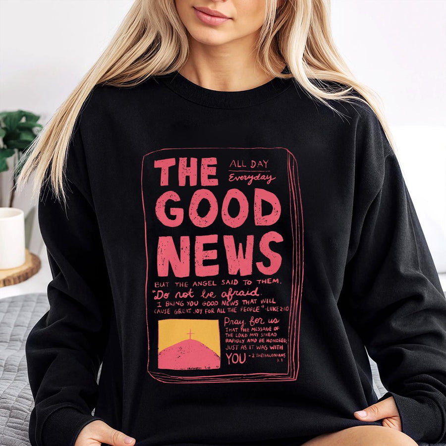 The Good News Christian Sweatshirt | Bible Verse Graphic Print | Premium Cotton Blend Crewneck | Religious Faith Gift for Men and Women