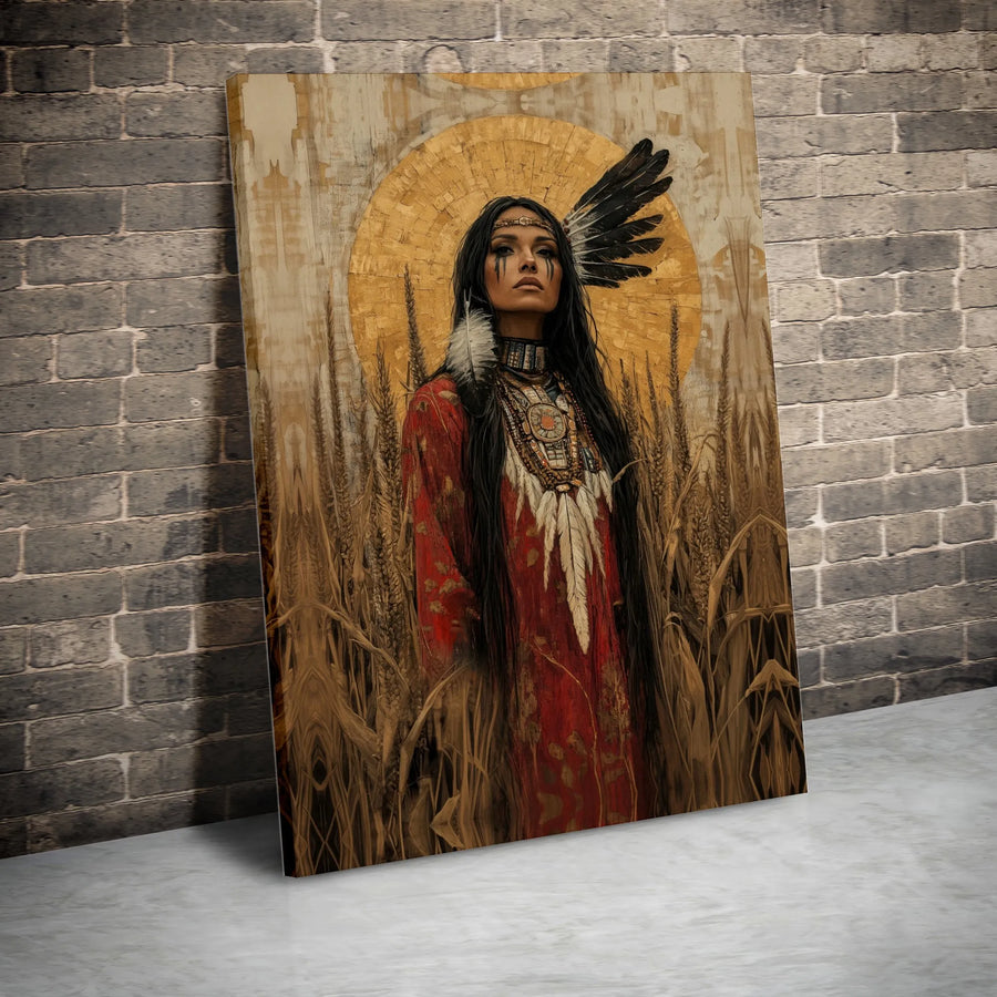Native American Woman Canvas Wall Art | Golden Halo Wheat Field Print | Gallery-Quality 1.25" Framed Canvas | Southwestern Home Decor Gift