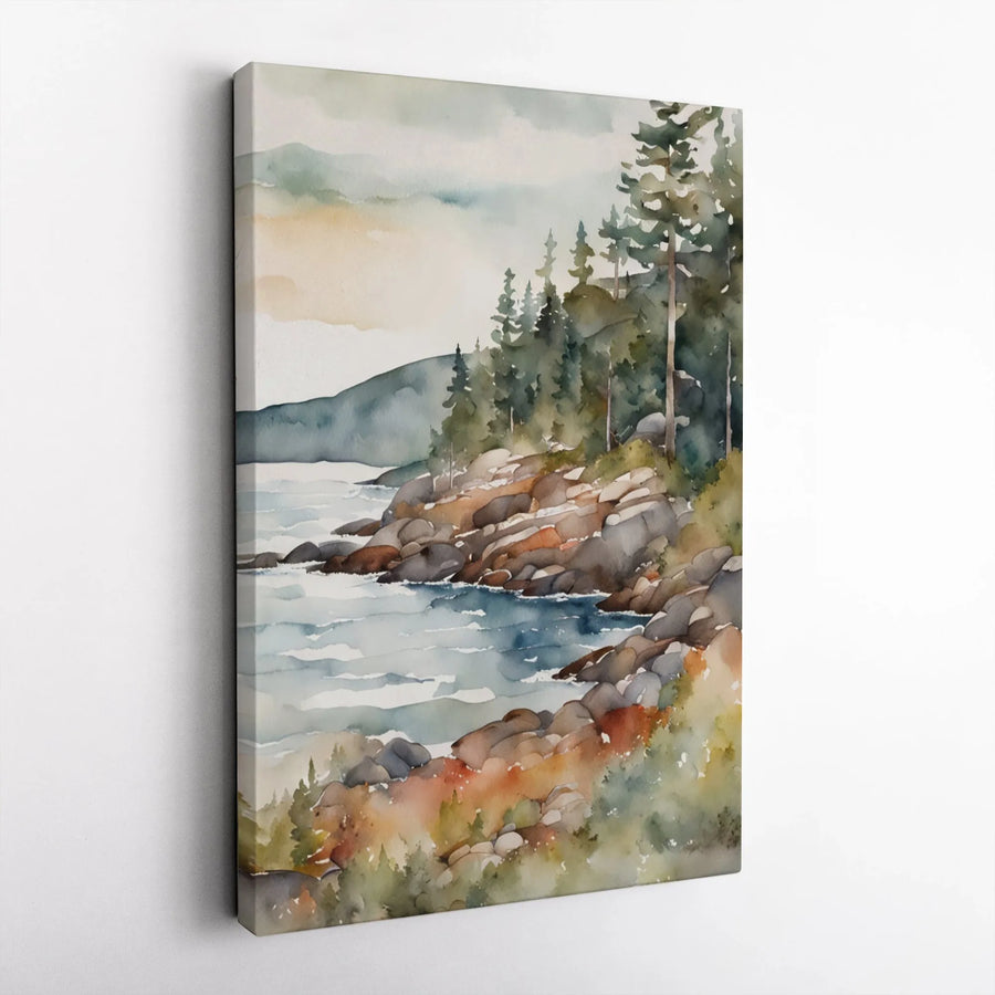 Rocky Shoreline Canvas Wall Art | Watercolor Coastal Pine Tree Landscape | 1.25 Inch Premium Gallery Wrap | Nature Inspired Home Decor Gift