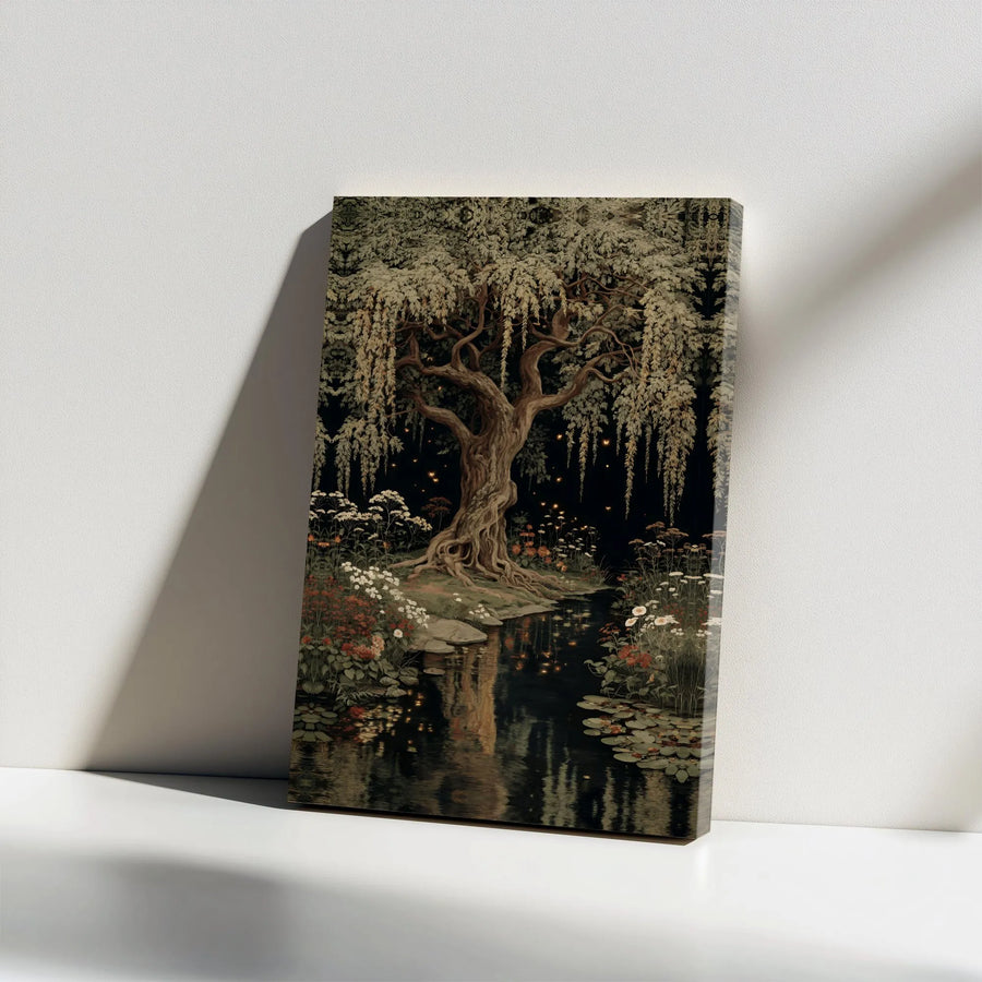 Mystical Tree Canvas Wall Art | Enchanted Forest Print with Fireflies | Premium Gallery Canvas | Dark Academia Home Decor Gift