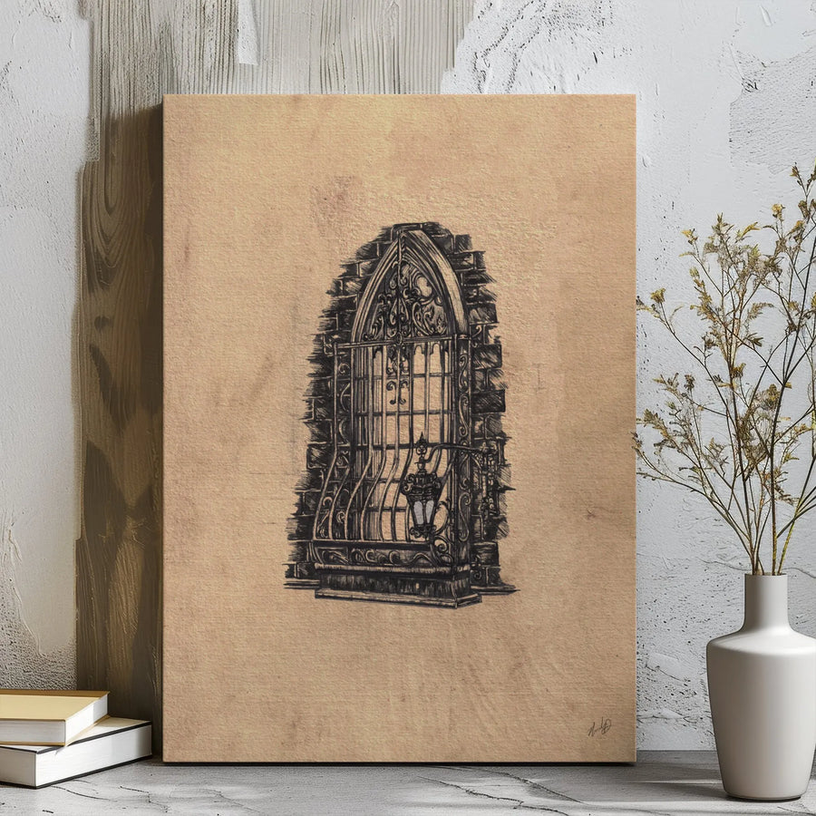 Gothic Arched Window Canvas Wall Art | Vintage Wrought Iron Lantern Sketch | Premium Gallery Wrap Frame | Dark Academia Home Decor Gift