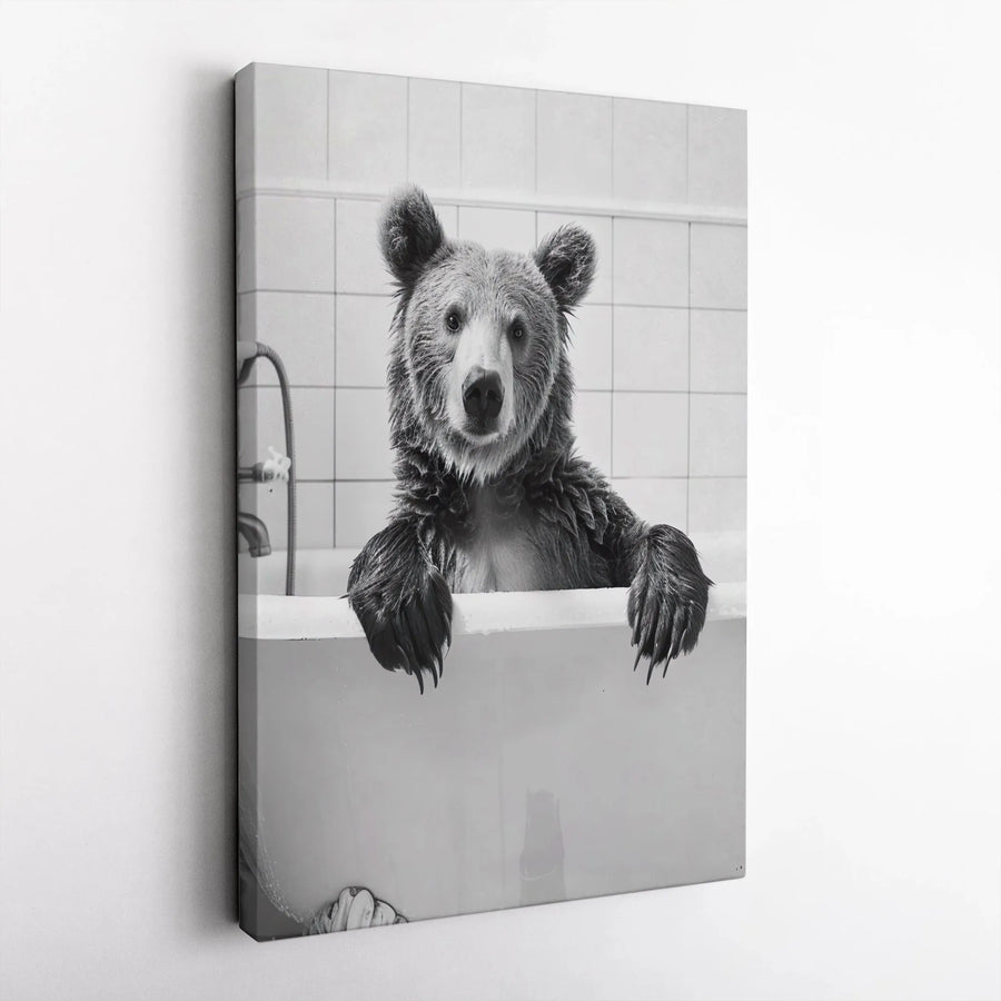 Funny Bear in Bathtub Canvas Wall Art | Black and White Animal Photography | Premium Thick Gallery Wrap | Unique Bathroom Decor Gift for Home