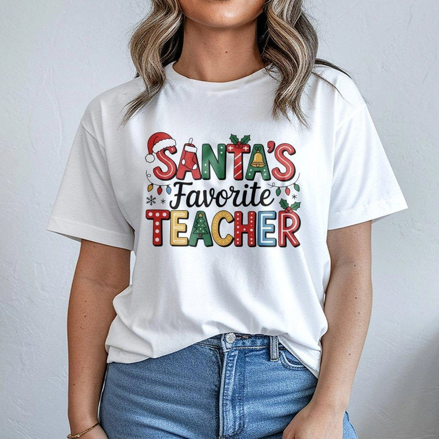 Santa's Favorite Teacher T-Shirt | Festive Christmas Holiday Graphic Tee | Soft Cotton Unisex Apparel | Perfect End of Year Gift for Educators