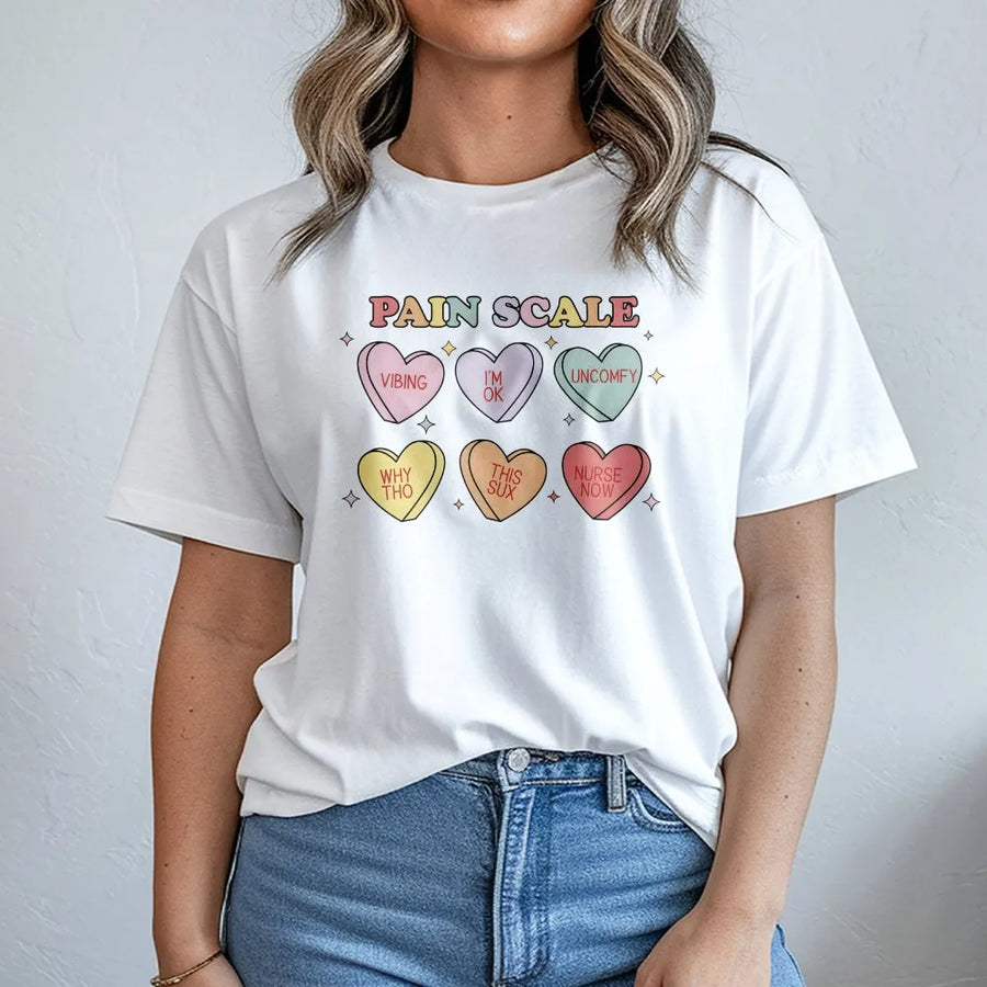 Funny Nurse Pain Scale T-Shirt | Valentine's Day Candy Hearts Graphic | Soft Cotton Unisex Tee | Unique Gift for RN, LPN & Medical Humor