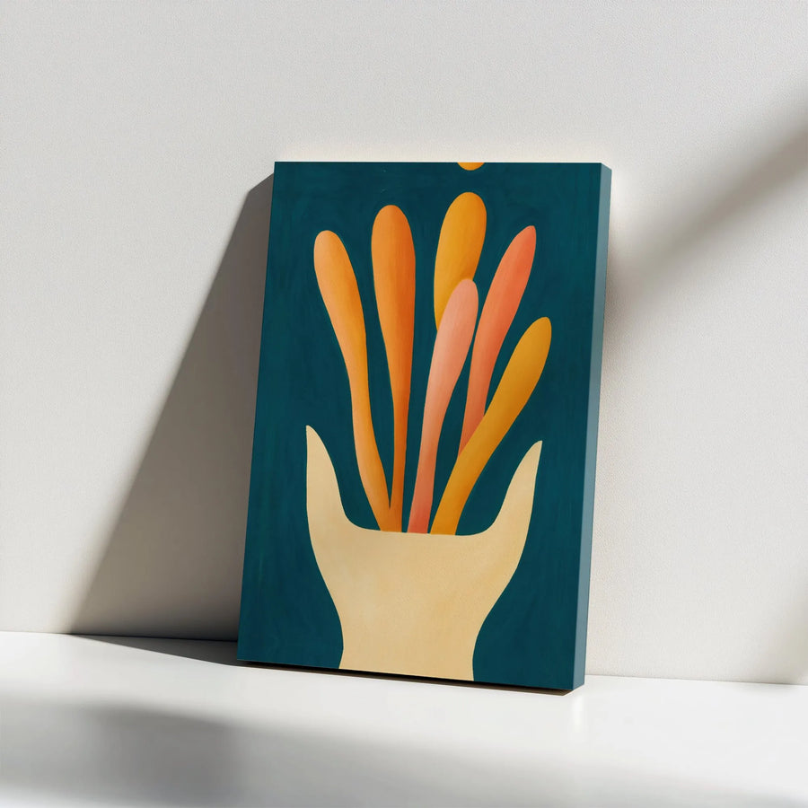 Abstract Hand And Plant Canvas Wall Art | Mid-Century Modern Botanical Decor | Premium Gallery Wrapped Print | Minimalist Living Room Gift Idea