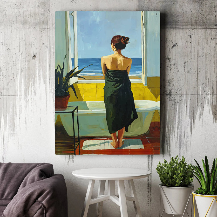 Woman Looking At Ocean Canvas Print | Impressionist Bathroom Window Wall Art | Premium Gallery Wrap Decor | Gift For Her Coastal Home