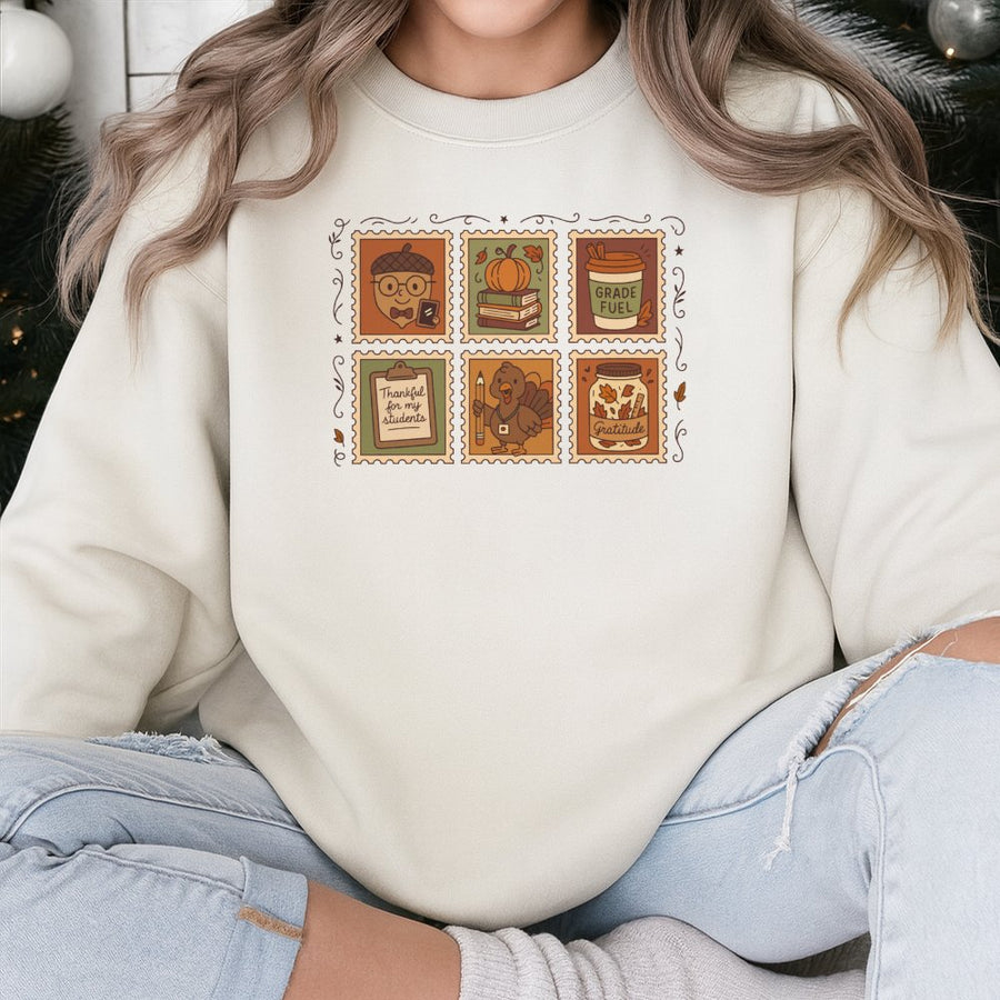 Thankful Teacher Sweatshirt | Thanksgiving Stamp Design Graphic | Premium Cotton Blend Cozy Crewneck | Fall Educator Appreciation Gift