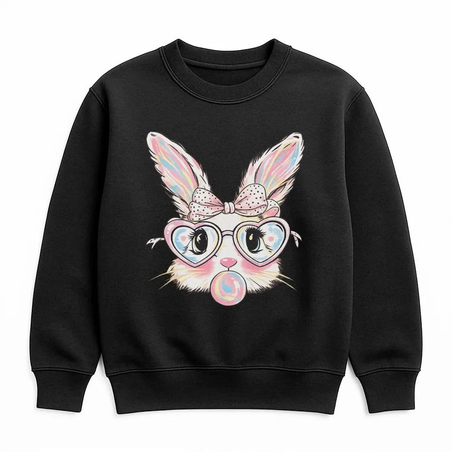 Easter Bunny Sweatshirt | Cute Rabbit With Heart Glasses And Bubblegum | Premium Cotton Blend Crewneck | Festive Spring Gift For Women