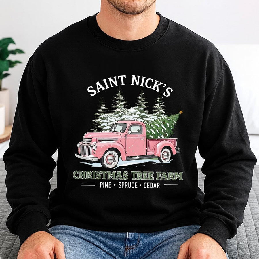 Saint Nick's Christmas Tree Farm Sweatshirt | Vintage Pink Truck Graphic | Premium Cotton Blend | Cozy Holiday Gift for Women and Men