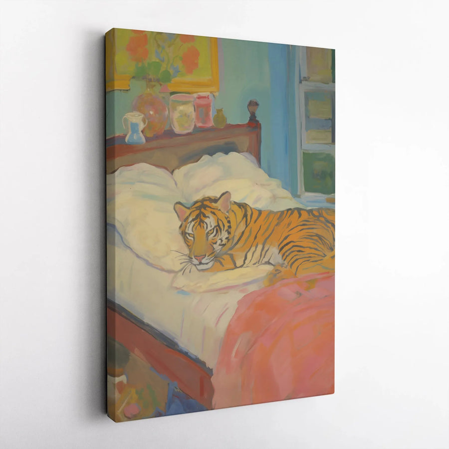 Tiger on Bed Canvas Print | Whimsical Surreal Animal Wall Art | Premium Gallery Wrapped Decor | Unique Home Decor Gift for Animal Lovers