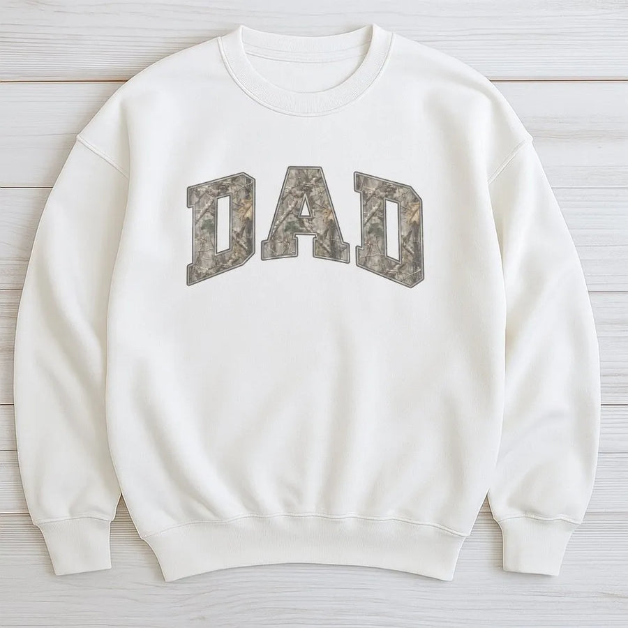 Camo Dad Sweatshirt | College Style Camouflage Print | Premium Cotton Blend Pullover | Gift for New Father, Hunter Dad, Outdoorsman