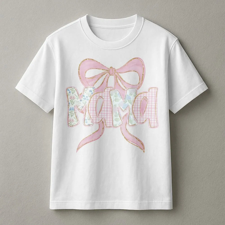 Mama Floral Bow T-Shirt | Trendy Coquette Aesthetic Graphic Tee | Premium Cotton Soft Shirt | Mother's Day 2026 Gift for New Mom or Pregnancy Reveal