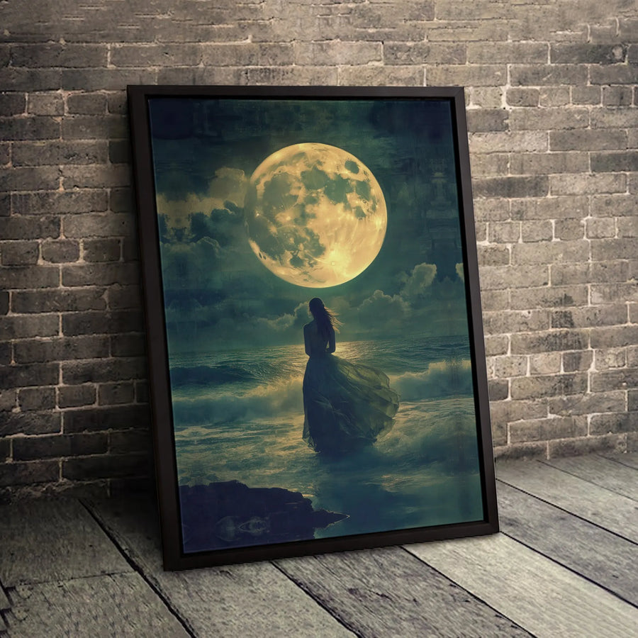 Full Moon Ocean Canvas Print | Dreamy Seascape Woman Silhouette Wall Art | Gallery Quality 1.25" Profile | Moody Bedroom Living Room Decor Gift