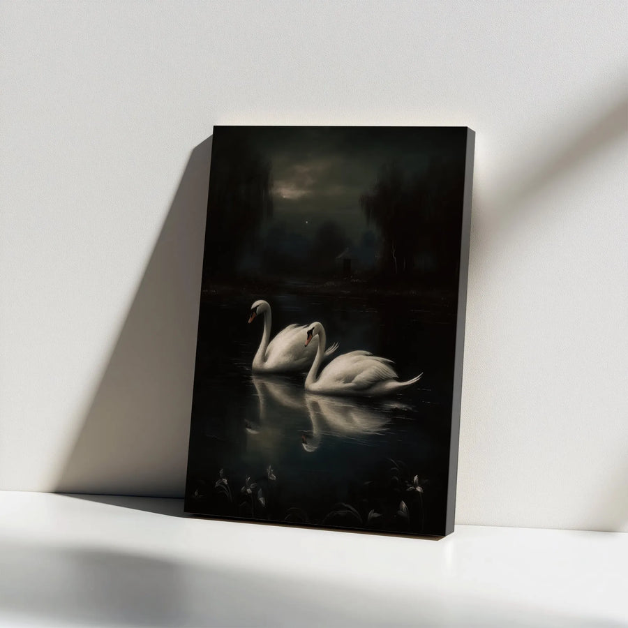 Swan Lake Wall Art | Moody Dark Aesthetic Nature Print | Premium Gallery Wrapped Canvas | Elegant Home Decor Gift for Bird Lovers
