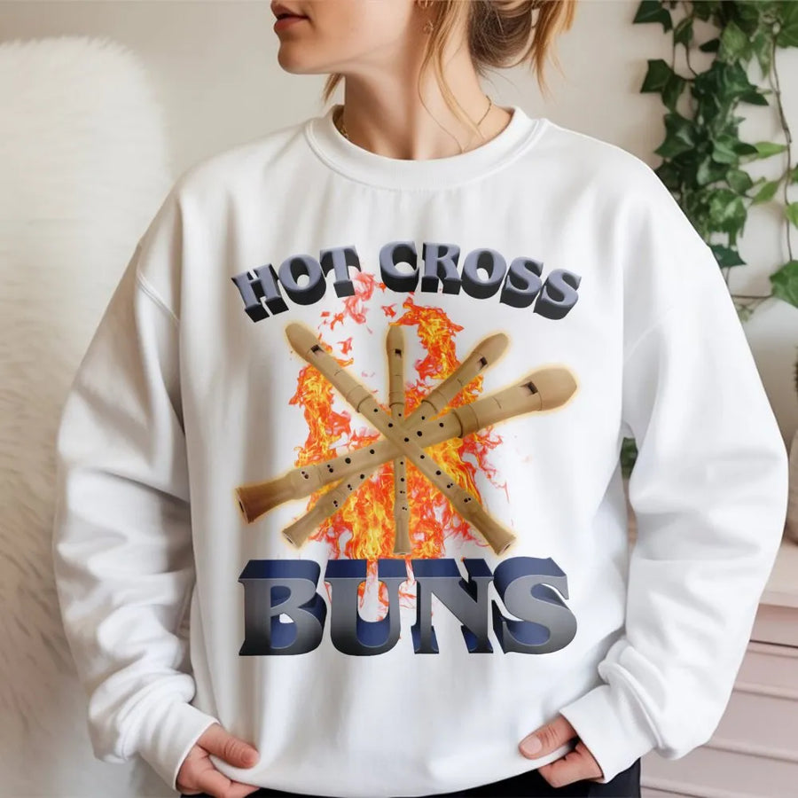 Hot Cross Buns Sweatshirt | Funny Music Teacher Gift | Premium Cotton Blend Crewneck | Humorous Flute Player Apparel for Musicians