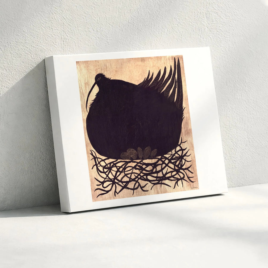 Black Bird Woodcut Canvas Wall Art | Stylized Nest and Eggs Print | Premium Gallery Wrap Decor | Minimalist Nature Home Office Gift