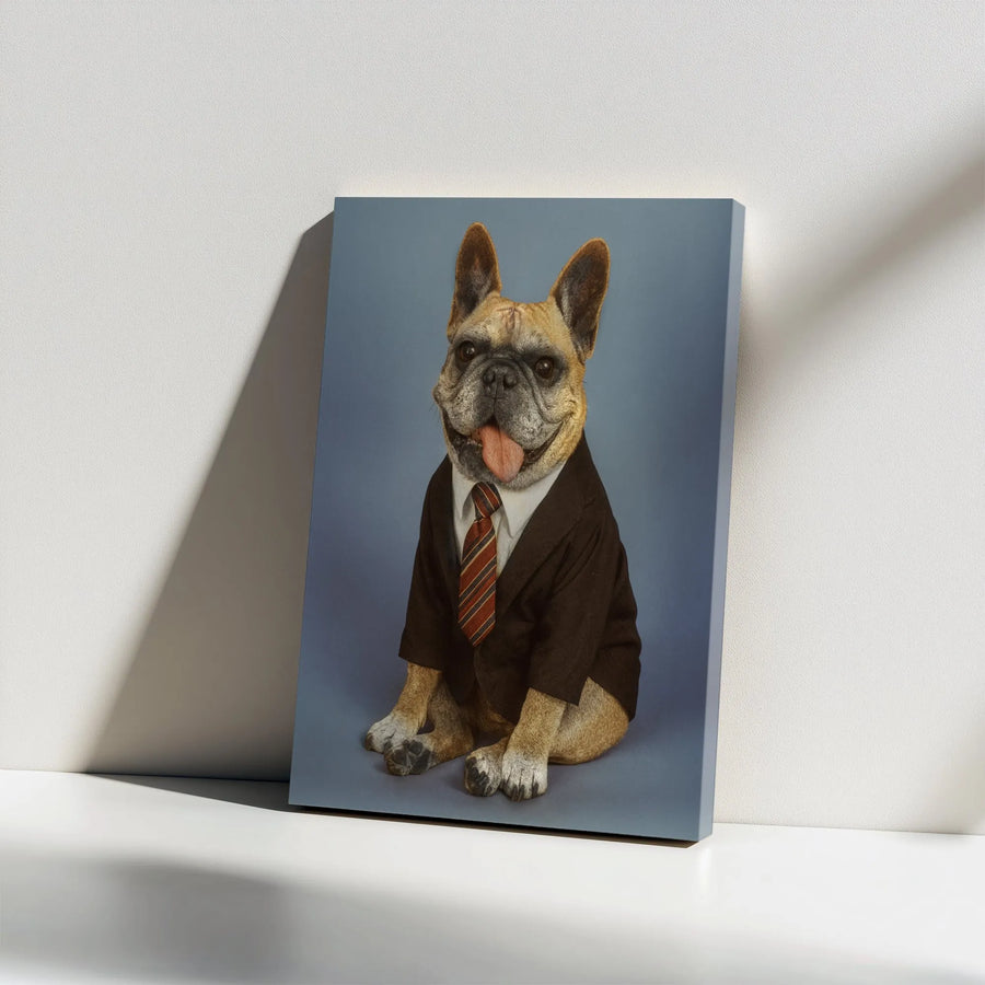 French Bulldog Office Wall Art | Business Dog in Suit Portrait | Premium Gallery Wrap Canvas | Funny Dog Lover Gift for Desk Decor