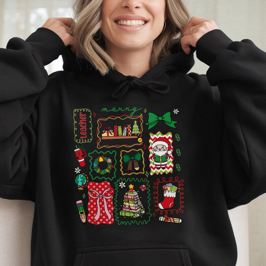 Teacher Christmas Hoodie | Cute Holiday Book Stack & Santa Graphic | Premium Cotton Blend | Merry Teacher Gift for Educator