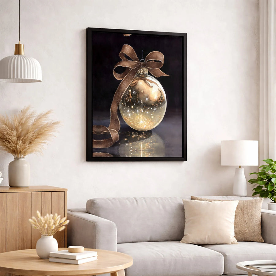Gold Christmas Ornament Canvas Print | Elegant Glitter Ribbon Holiday Wall Art | Premium Gallery Wrapped Decor | Festive Winter Home Gift
