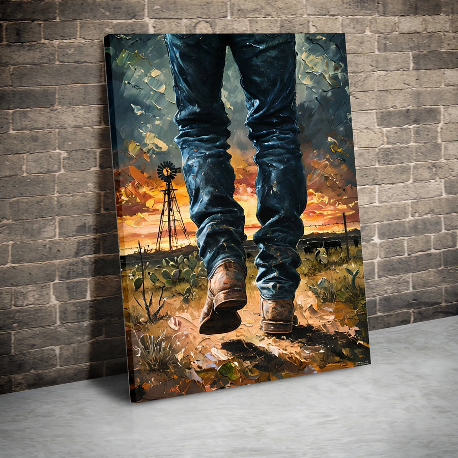 Western Cowboy Wall Art | Sunset Windmill Countryside Oil Painting Print | Premium Gallery Wrapped Canvas | Rustic Ranch Home Decor Gift