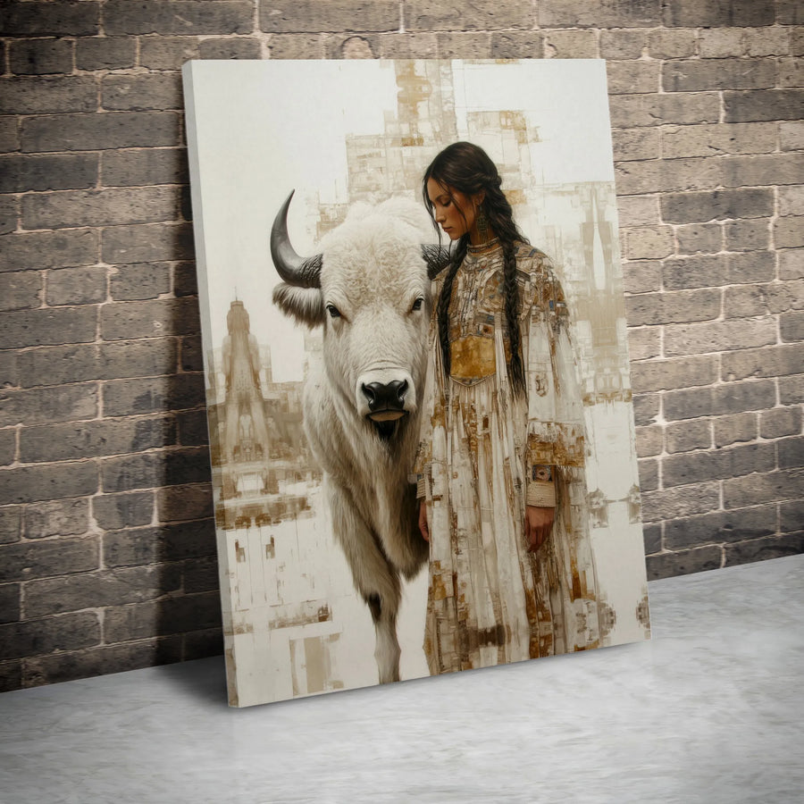 White Buffalo and Native American Woman Canvas Art | Abstract Western Wall Decor | 1.25-Inch Premium Gallery Profile | Spiritual Native American Wall Art Gift