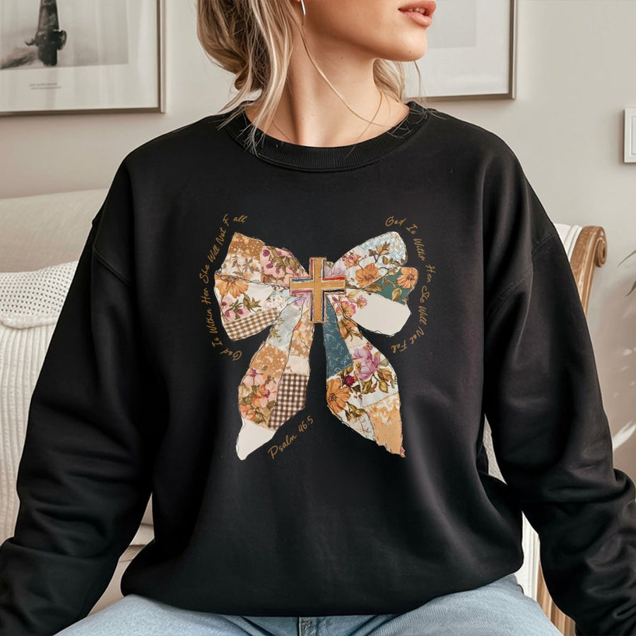 God Is Within Her Sweatshirt | Patchwork Bow Bible Verse Design | Premium Cotton Blend Crewneck | Christian Faith Gift for Women