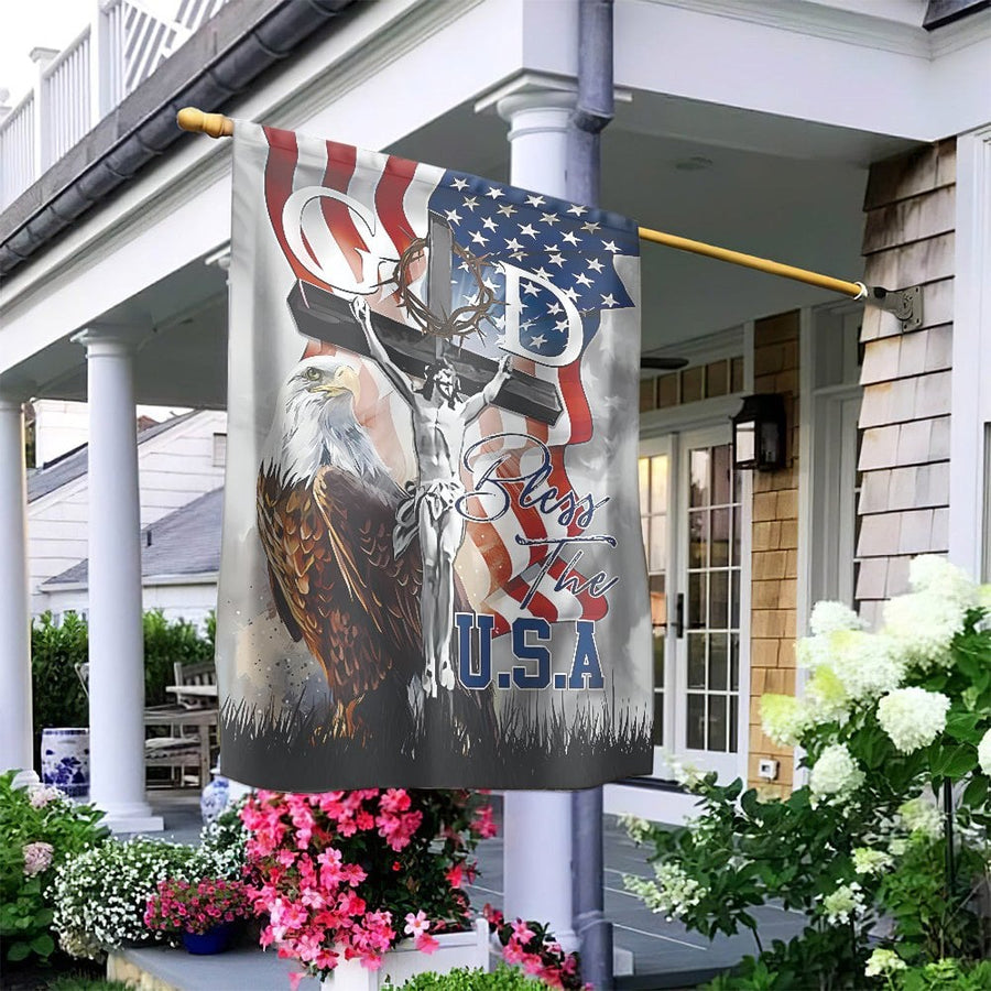 Bless The USA Flag | Christian Eagle and Cross Garden Decor | Premium Fade-Resistant Polyester | Patriotic Faith House Banner Gift