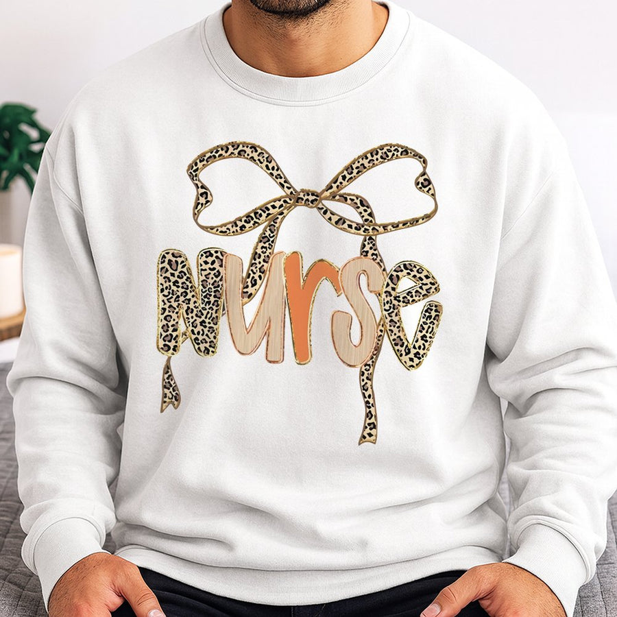 Nurse Sweatshirt | Preppy Leopard Bow Graphic | Premium Cotton Blend | Cute Nursing Student Graduation Gift Idea for Women