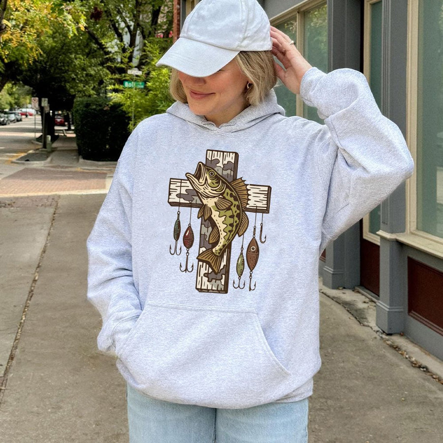 Fishing Cross Hoodie | Bass Fish & Lure Graphic Design | Premium Cotton-Blend Comfort | Faith Based Outdoorsman Gift For Men And Women
