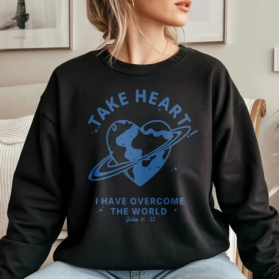 Christian Sweatshirt | Take Heart John 16:33 Graphic | Soft Cotton Faith Tee | Religious Easter Gift for Men and Women