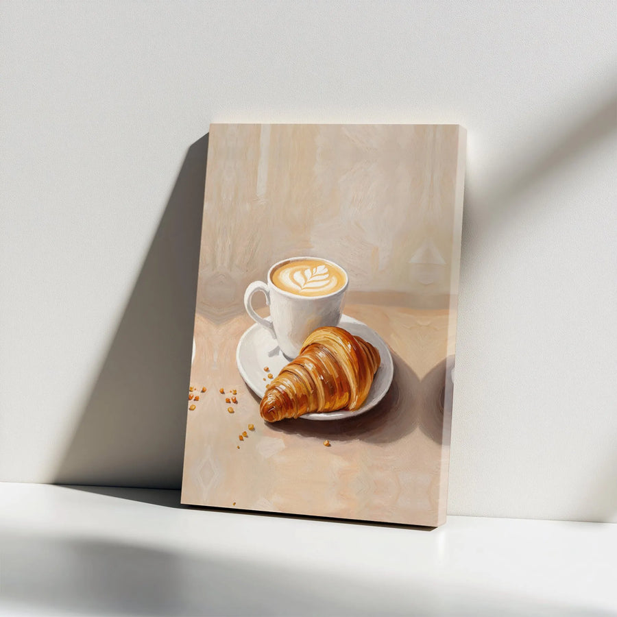Coffee and Croissant Canvas Print | Impressionist Latte Art Wall Decor | 1.25-inch Premium Gallery Wrap | Kitchen and Cafe Aesthetic Gift