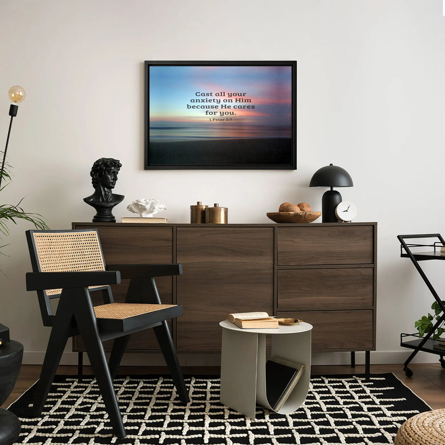 1 Peter 5:7 Bible Verse Canvas Print | Cast All Your Anxiety On Him Sunset Art | Premium Gallery Wrapped Wall Decor | Christian Gift For Home Or Office
