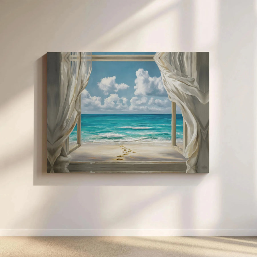 Beach Window Canvas Wall Art | Ocean View With Footprints | Premium Gallery Wrap Print | Coastal Home Decor for Living Room