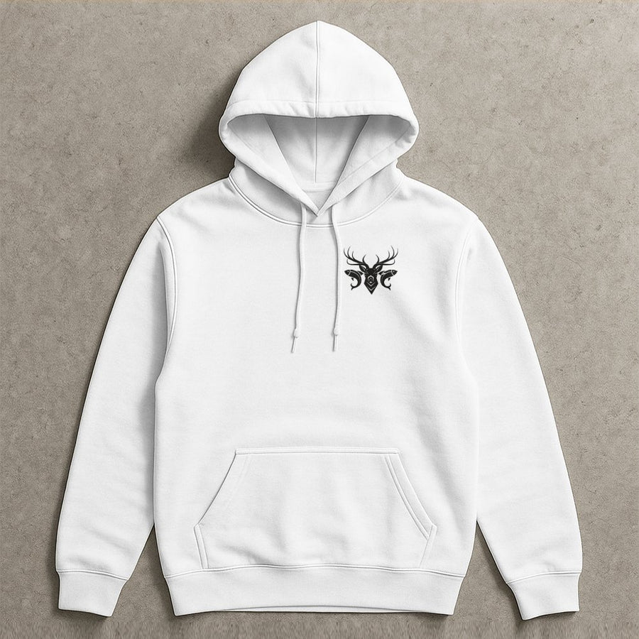 Hunting and Fishing Hoodie | Tribal Stag Deer Graphic | Premium Cotton Blend Pullover | Gift for Outdoorsman and Fisherman