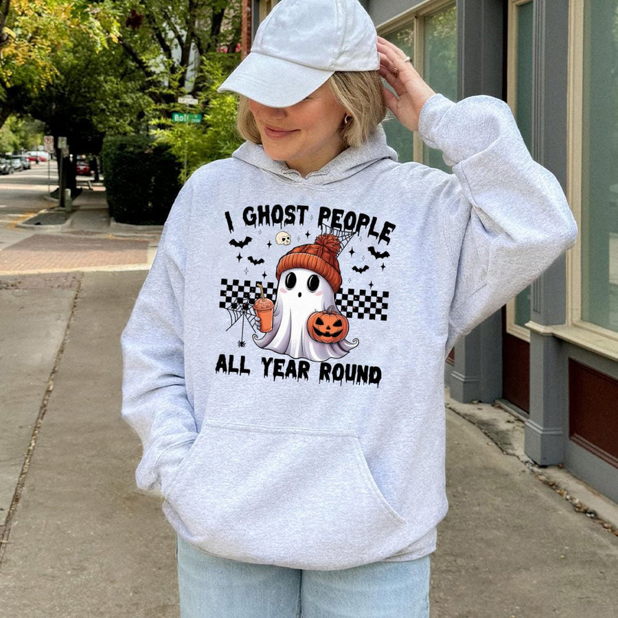 I Ghost People All Year Round Hoodie | Spooky Cute Aesthetic Ghost Graphic | Premium Cotton-Blend Pullover | Funny Halloween Gift for Ghost Lovers
