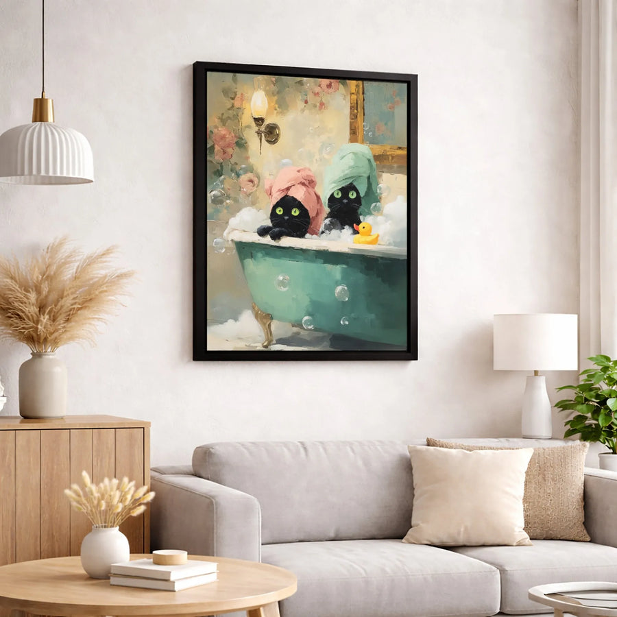 Black Cat Bathtub Wall Art | Whimsical Oil Painting Print | Premium Gallery Wrapped Canvas | Funny Bathroom Decor for Cat Lovers