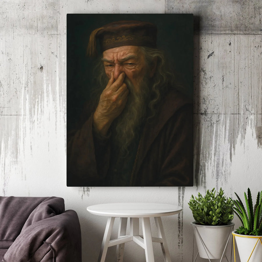 Wizard Portrait Canvas Wall Art | Funny Old Man Pinching Nose Painting | Premium Gallery Wrapped Decor | Unique Home Office Gift