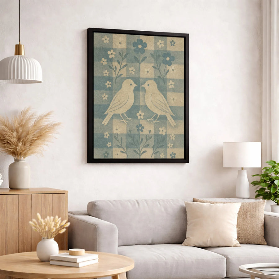 Folk Art Lovebirds Canvas Wall Art | Blue Gingham Farmhouse Print | Premium 1.25-inch Thick Gallery Wrap | Cute Cottagecore Home Decor Gift