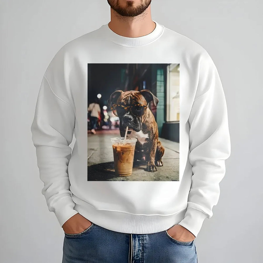Funny Boxer Dog Sweatshirt | Dog Wearing Sunglasses Drinking Iced Coffee | Cozy Cotton Blend | Gift for Boxer Mom and Coffee Lover