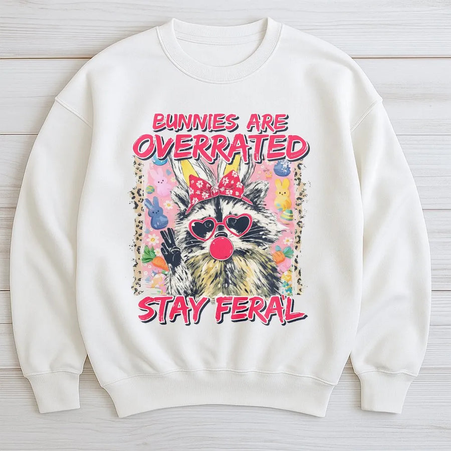 Bunnies Are Overrated Stay Feral Sweatshirt | Funny Raccoon Easter Graphic | Premium Cotton Blend Crewneck | Sarcastic Anti-Easter Gift for Adults