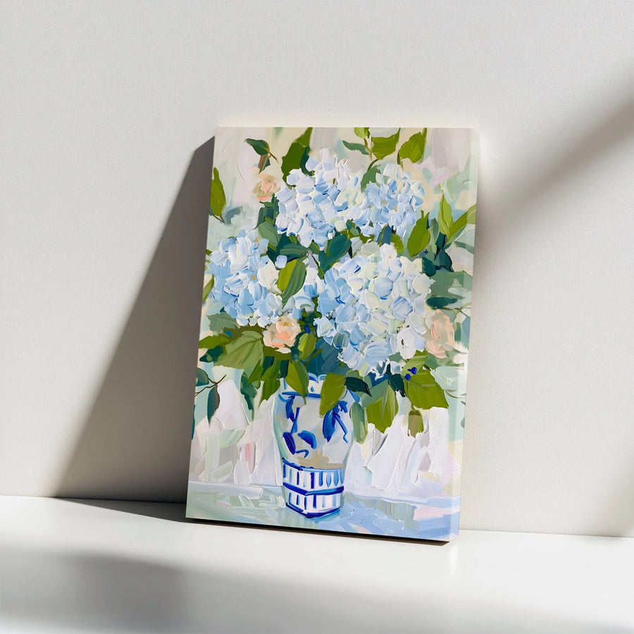 Blue Hydrangea Canvas Wall Art | Textured Floral Print in Blue and White Vase | Premium Gallery Wrapped Canvas | Grandmillennial Living Room Decor